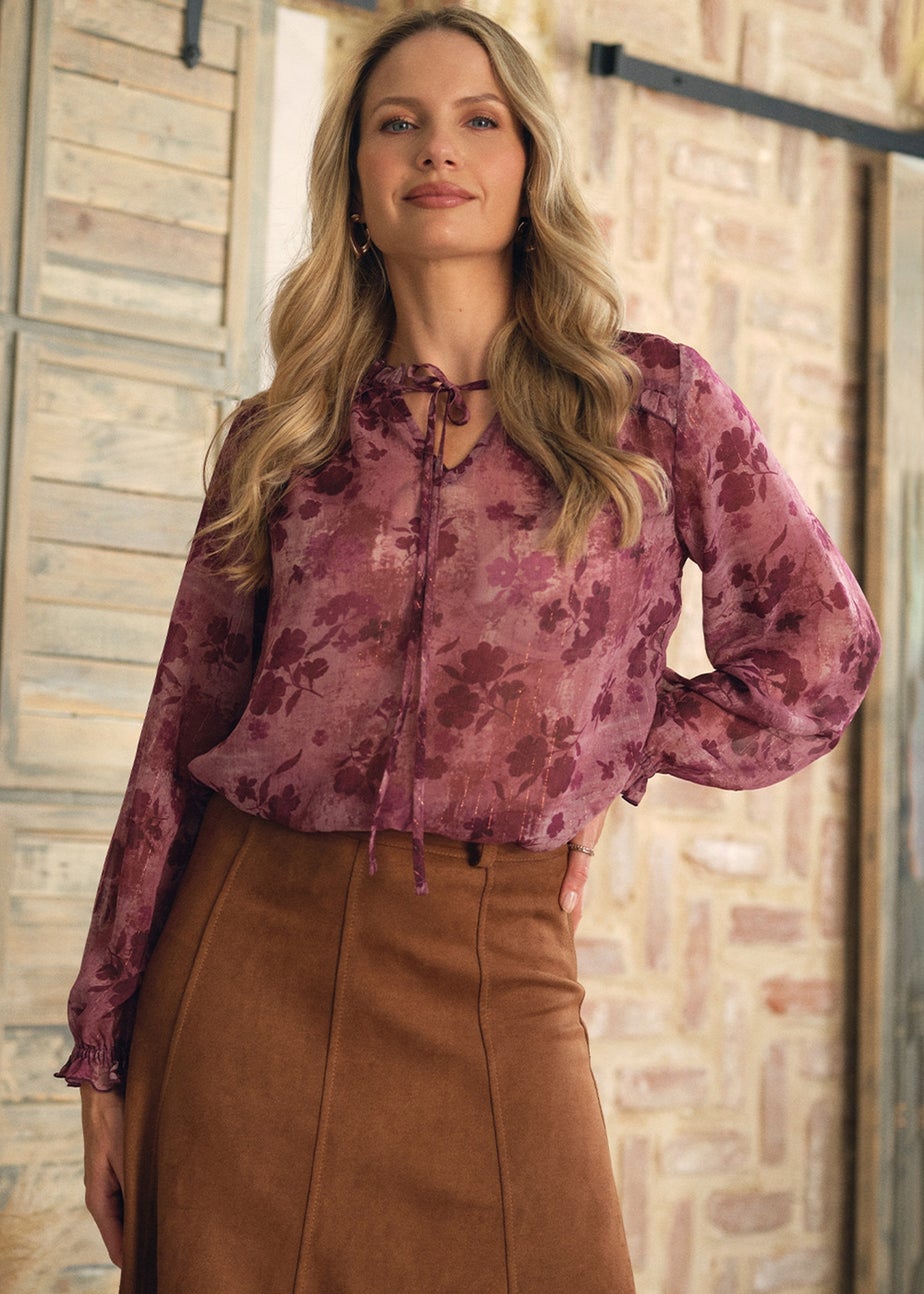 Izabel London Purple Floral Semi Sheer Tie Neck Blouse