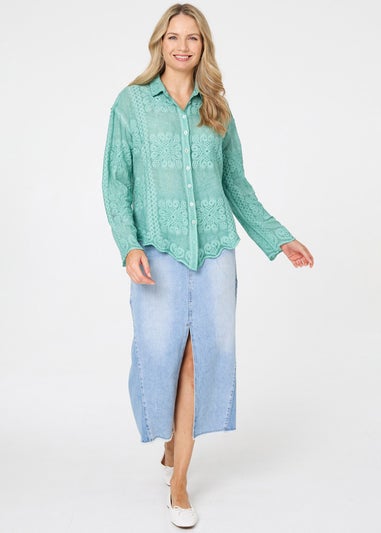 Izabel London Sage Embroidered Textured Long Sleeve Shirt