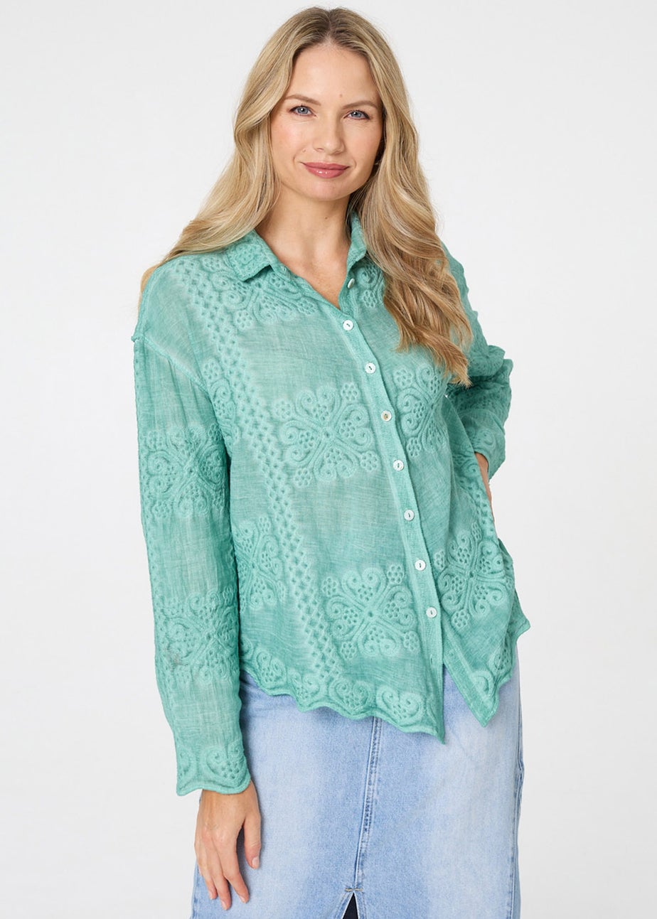 Izabel London Sage Embroidered Textured Long Sleeve Shirt