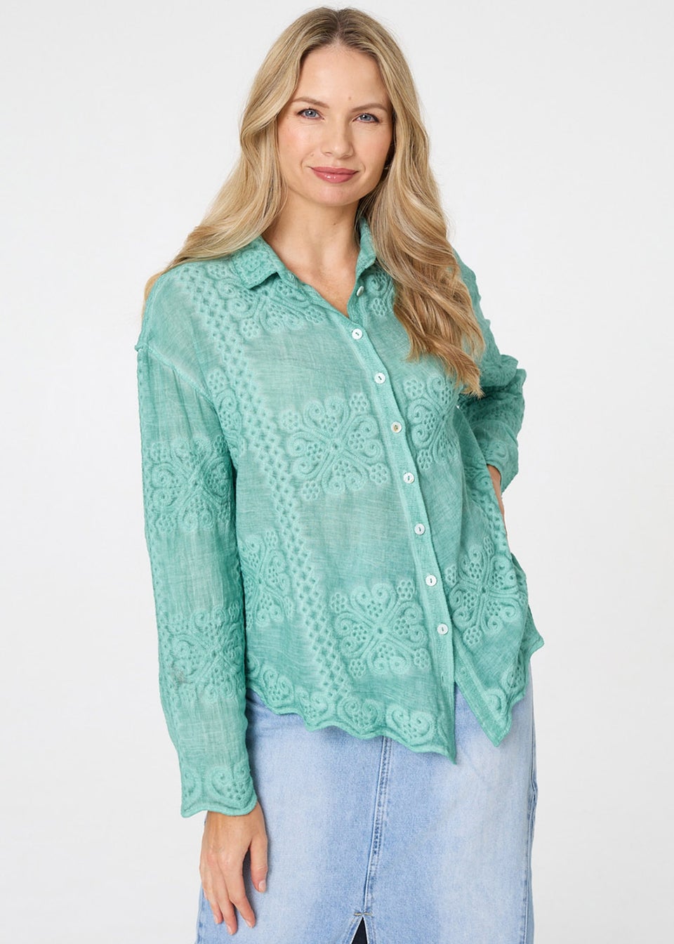 Izabel London Sage Embroidered Textured Long Sleeve Shirt