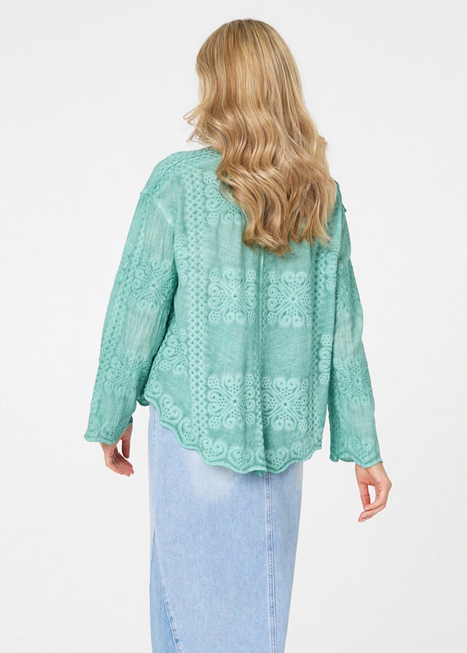 Izabel London Sage Embroidered Textured Long Sleeve Shirt