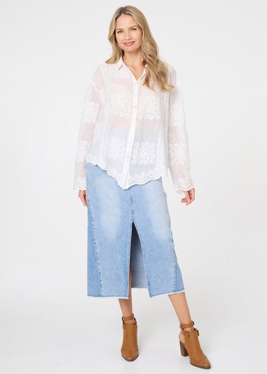 Izabel London White Embroidered Textured Long Sleeve Shirt