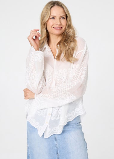 Izabel London White Embroidered Textured Long Sleeve Shirt