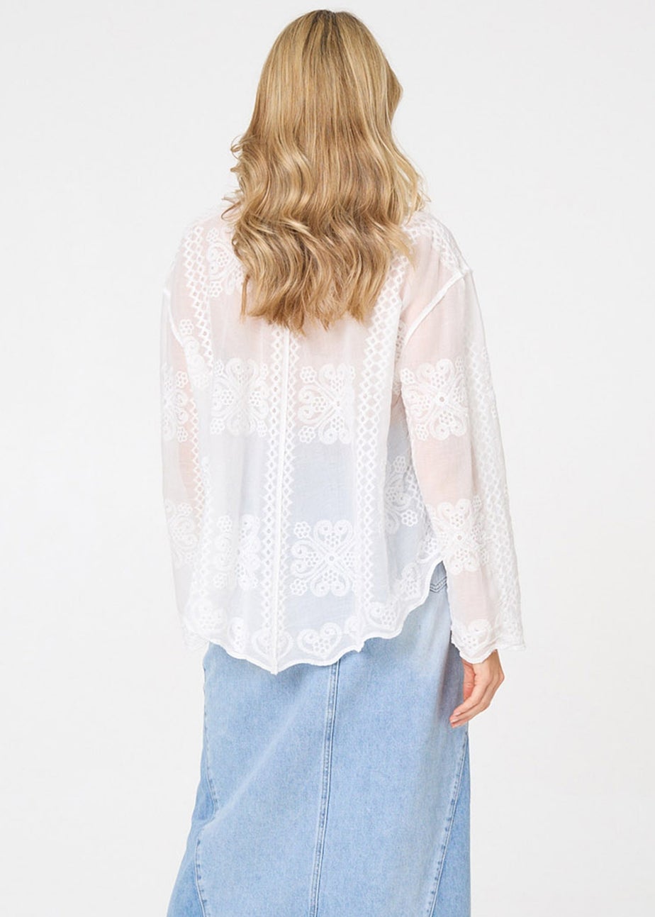 Izabel London White Embroidered Textured Long Sleeve Shirt