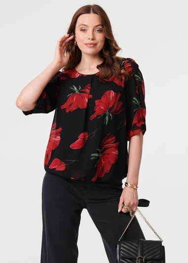 Izabel London Red Floral Semi Sheer Puff Sleeve Blouse
