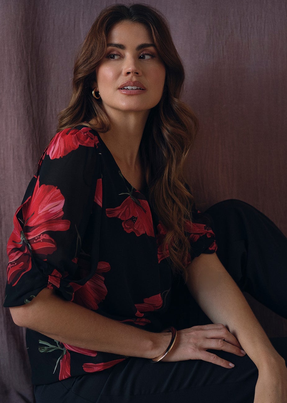 Izabel London Red Floral Semi Sheer Puff Sleeve Blouse