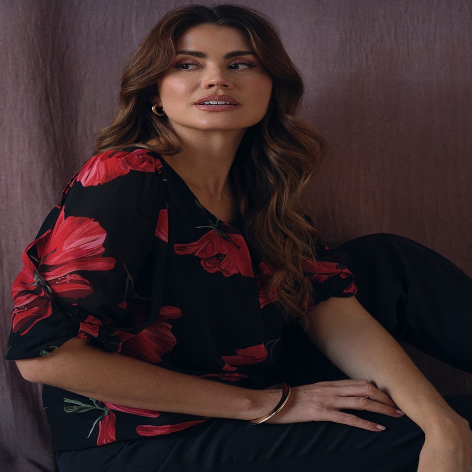 Izabel London Red Floral Semi Sheer Puff Sleeve Blouse