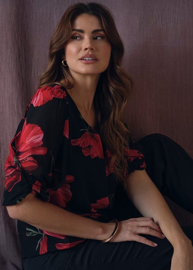 Izabel London Red Floral Semi Sheer Puff Sleeve Blouse