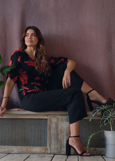 Izabel London Red Floral Semi Sheer Puff Sleeve Blouse