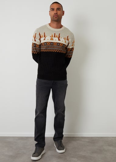 Threadbare Black Cable Knit Fairisle Christmas Jumper