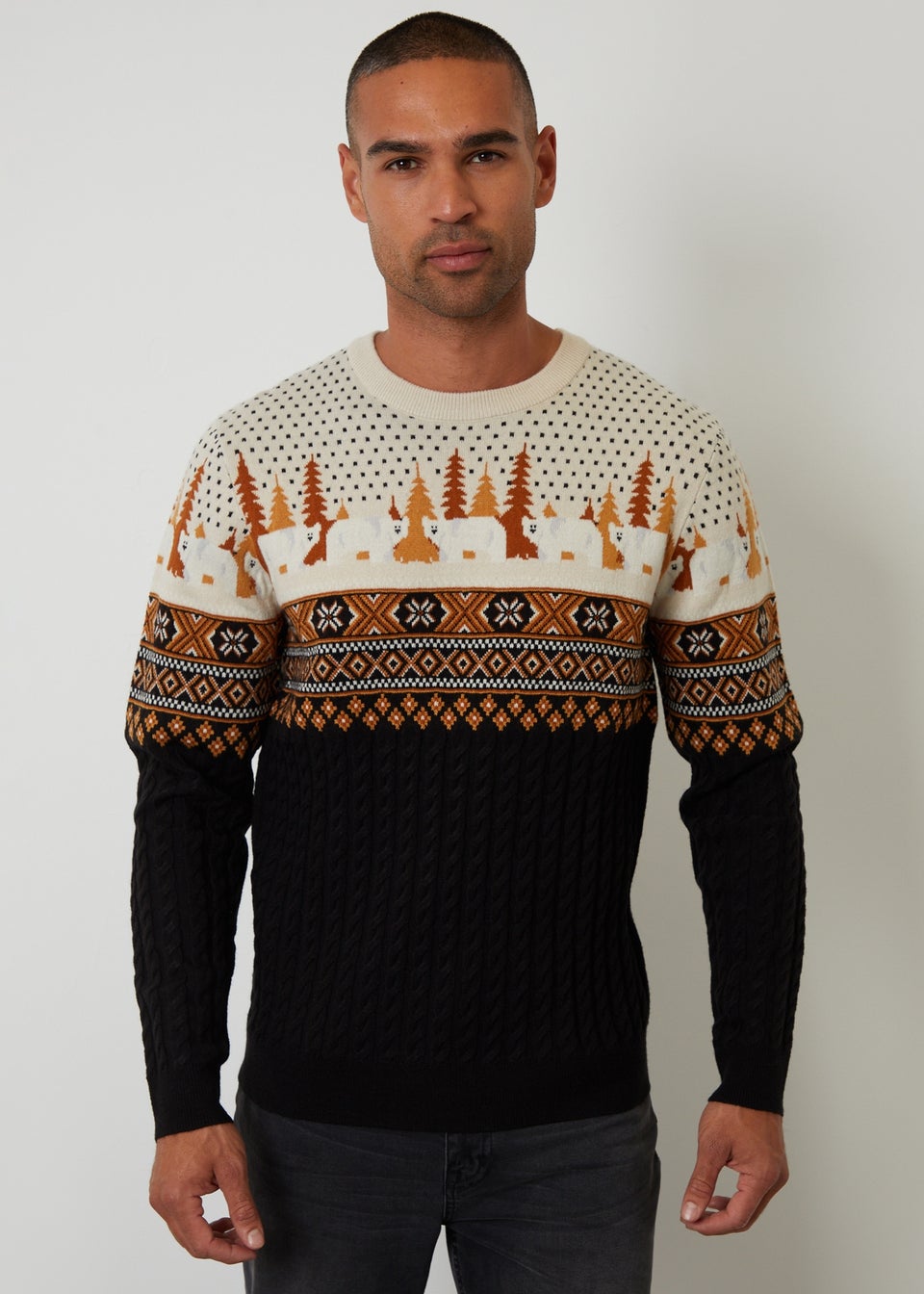 Threadbare Black Cable Knit Fairisle Christmas Jumper