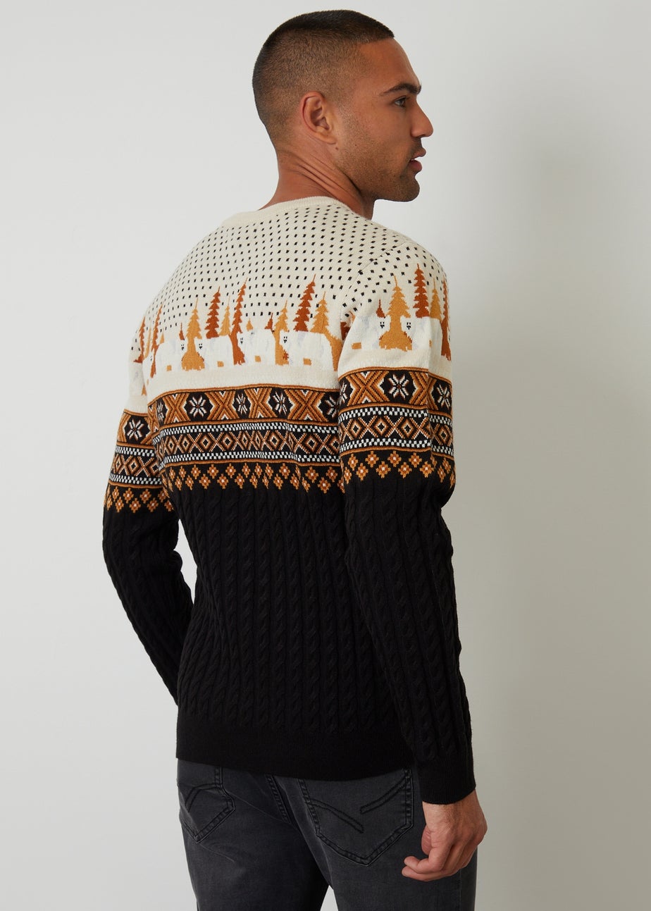 Threadbare Black Cable Knit Fairisle Christmas Jumper