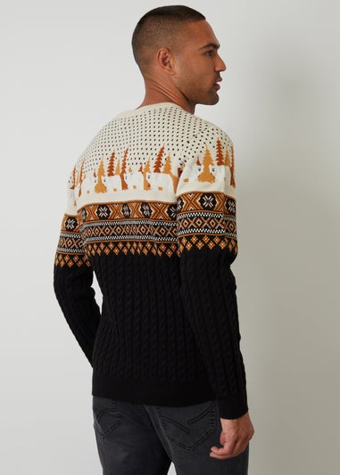 Threadbare Black Cable Knit Fairisle Christmas Jumper