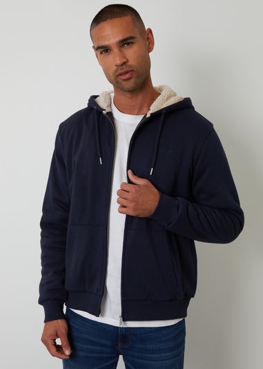 Threadbare Navy Borg Lined Zip Through Hoodie