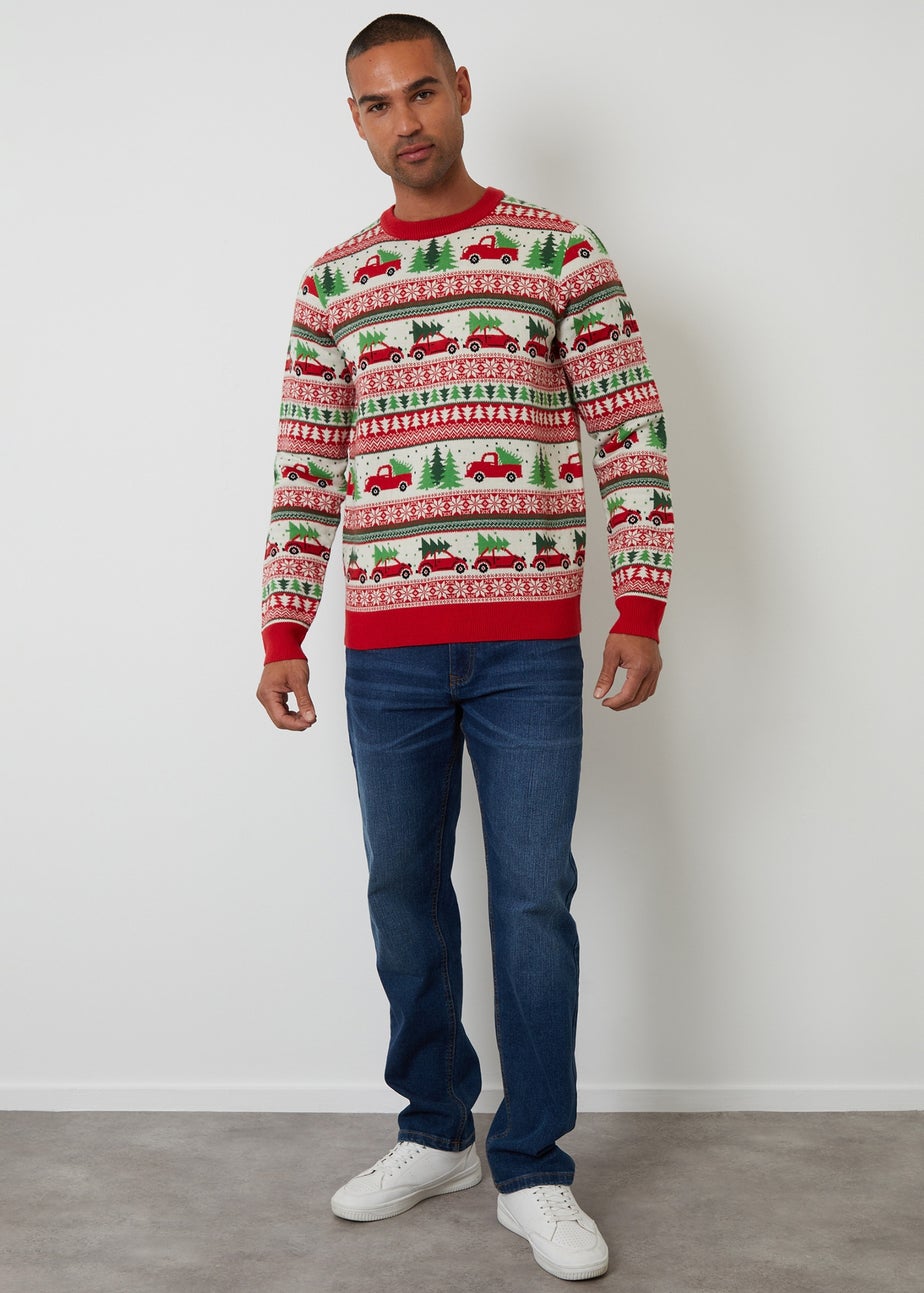 Threadbare Natural Car Fairisle Knitted Crew Neck Christmas Jumper