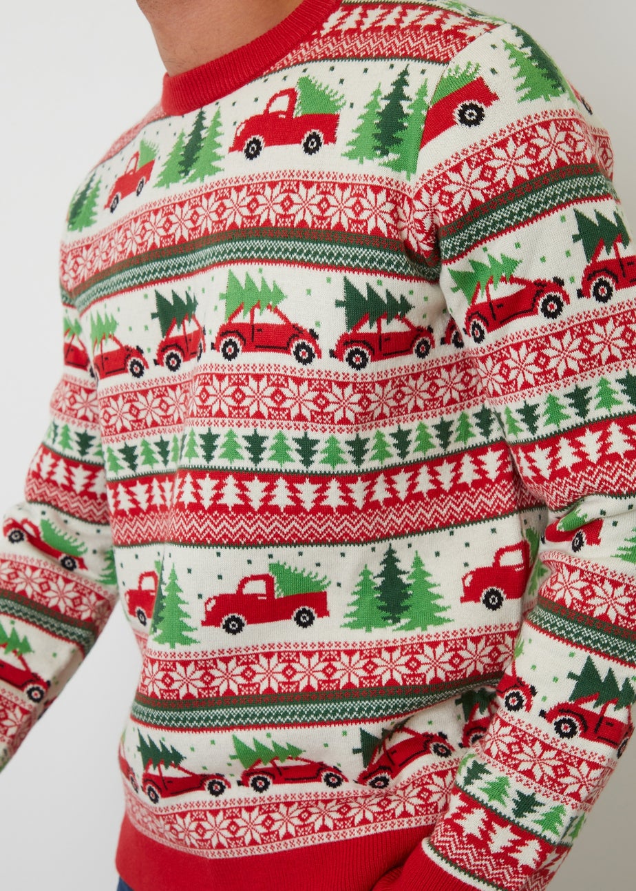 Threadbare Natural Car Fairisle Knitted Crew Neck Christmas Jumper