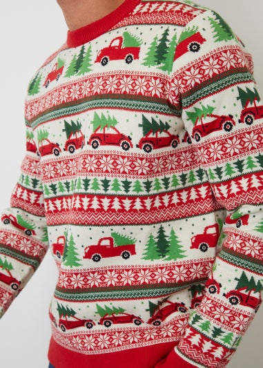 Threadbare Natural Car Fairisle Knitted Crew Neck Christmas Jumper