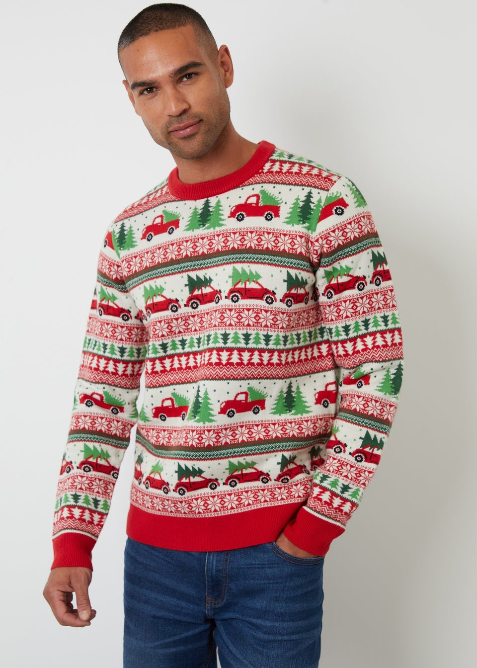 Threadbare Natural Car Fairisle Knitted Crew Neck Christmas Jumper
