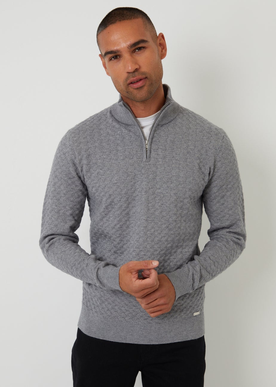 Threadbare Grey Textured Cable Knit Quarter Zip Jumper