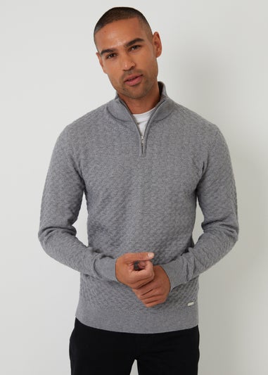 Threadbare Grey Textured Cable Knit Quarter Zip Jumper