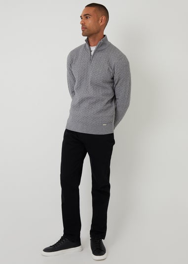 Threadbare Grey Textured Cable Knit Quarter Zip Jumper