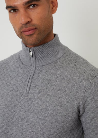Threadbare Grey Textured Cable Knit Quarter Zip Jumper
