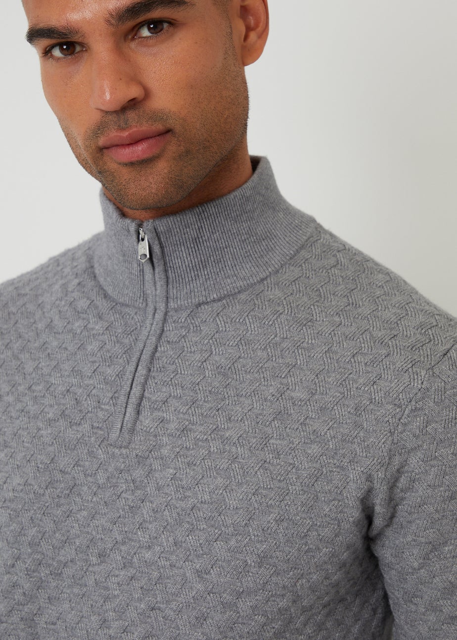 Threadbare Grey Textured Cable Knit Quarter Zip Jumper