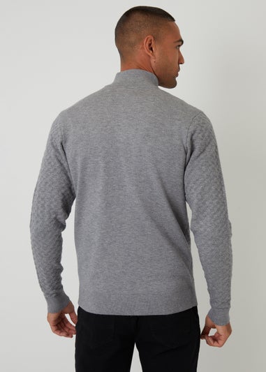 Threadbare Grey Textured Cable Knit Quarter Zip Jumper