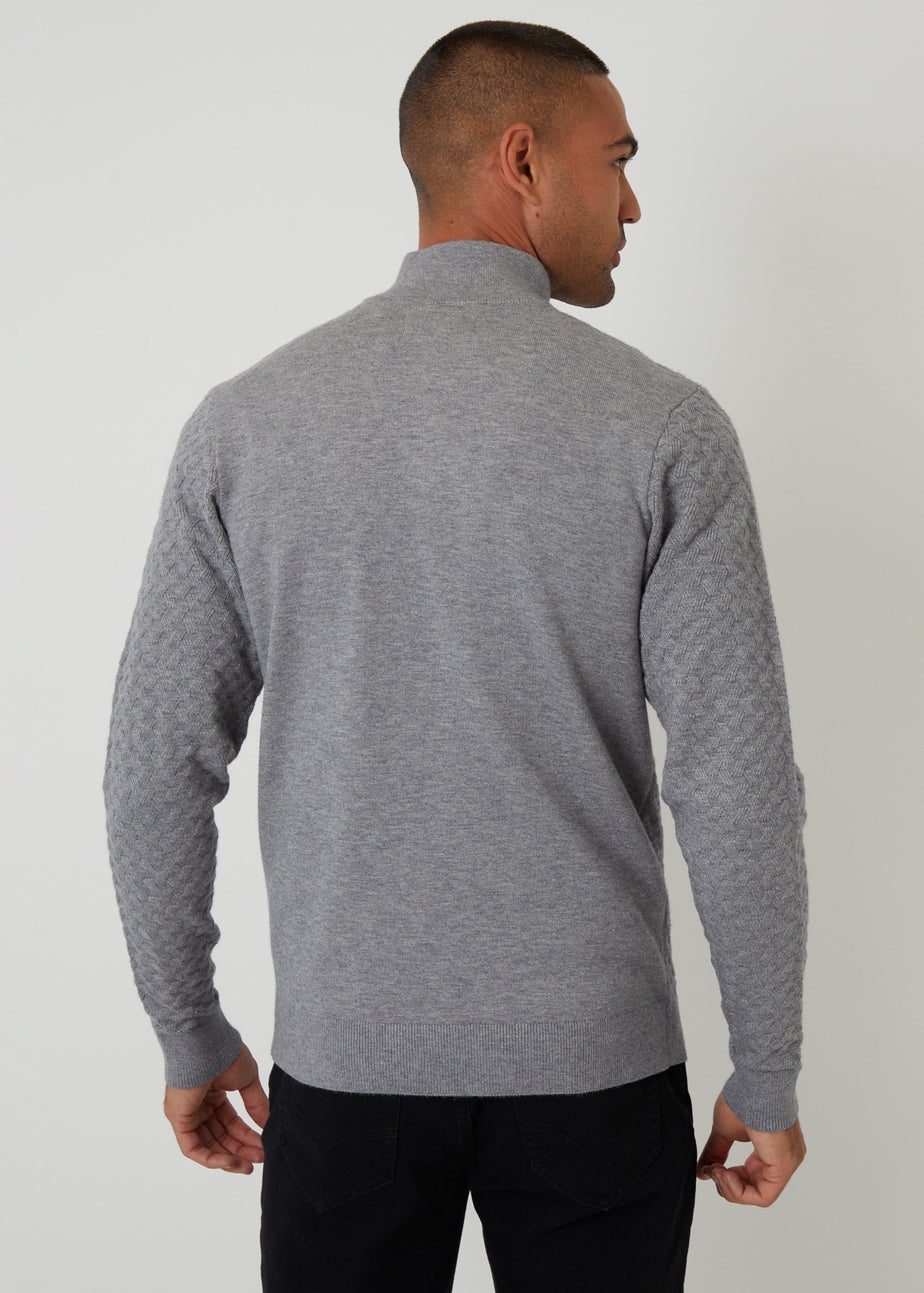 Threadbare Grey Textured Cable Knit Quarter Zip Jumper