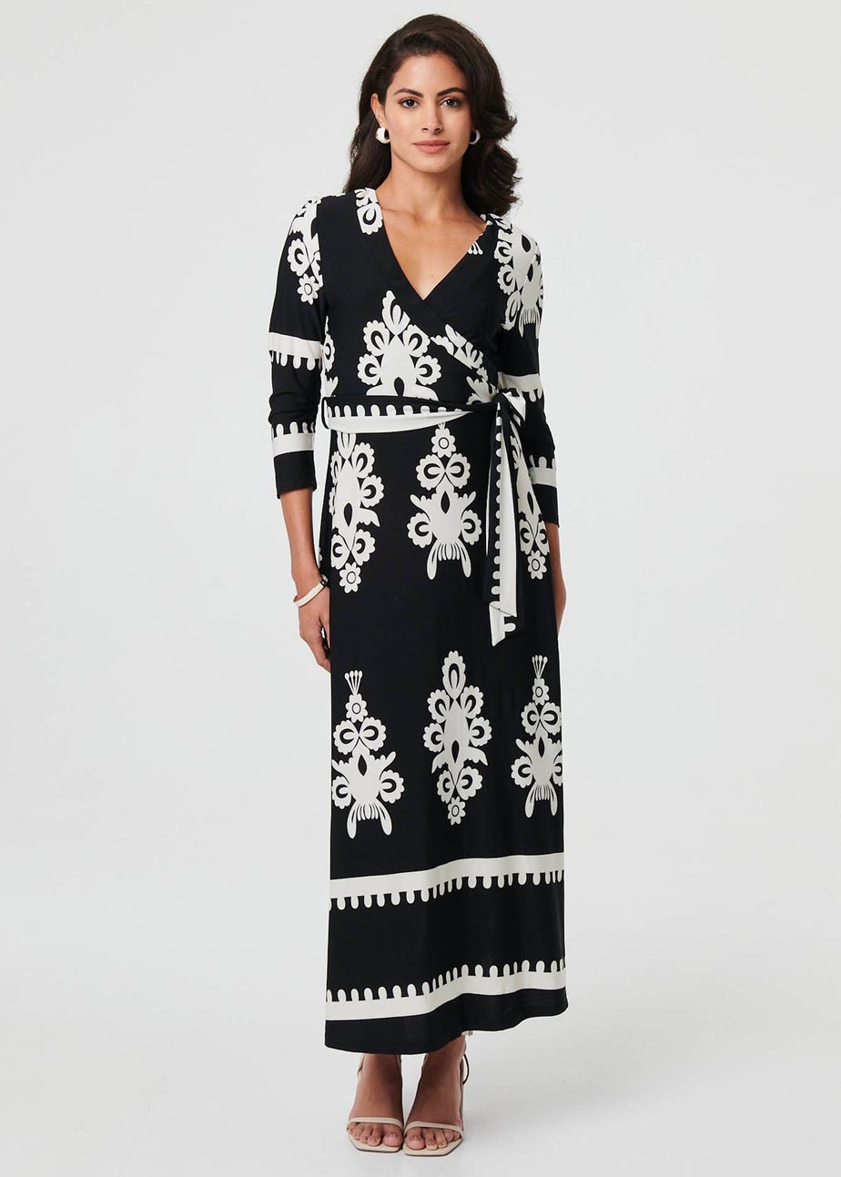 Izabel London Black Ikat Print 3/4 Sleeve Wrap Maxi Dress