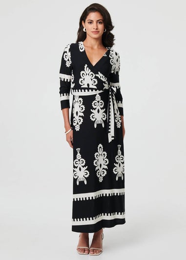 Izabel London Black Ikat Print 3/4 Sleeve Wrap Maxi Dress