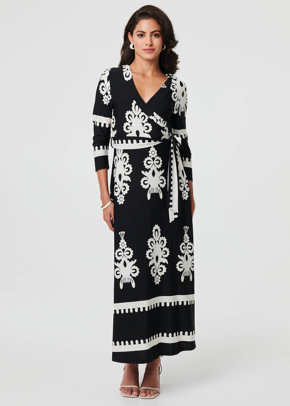 Izabel London Black Ikat Print 3/4 Sleeve Wrap Maxi Dress