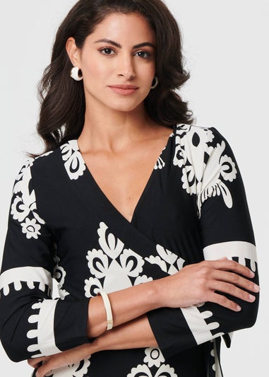 Izabel London Black Ikat Print 3/4 Sleeve Wrap Maxi Dress