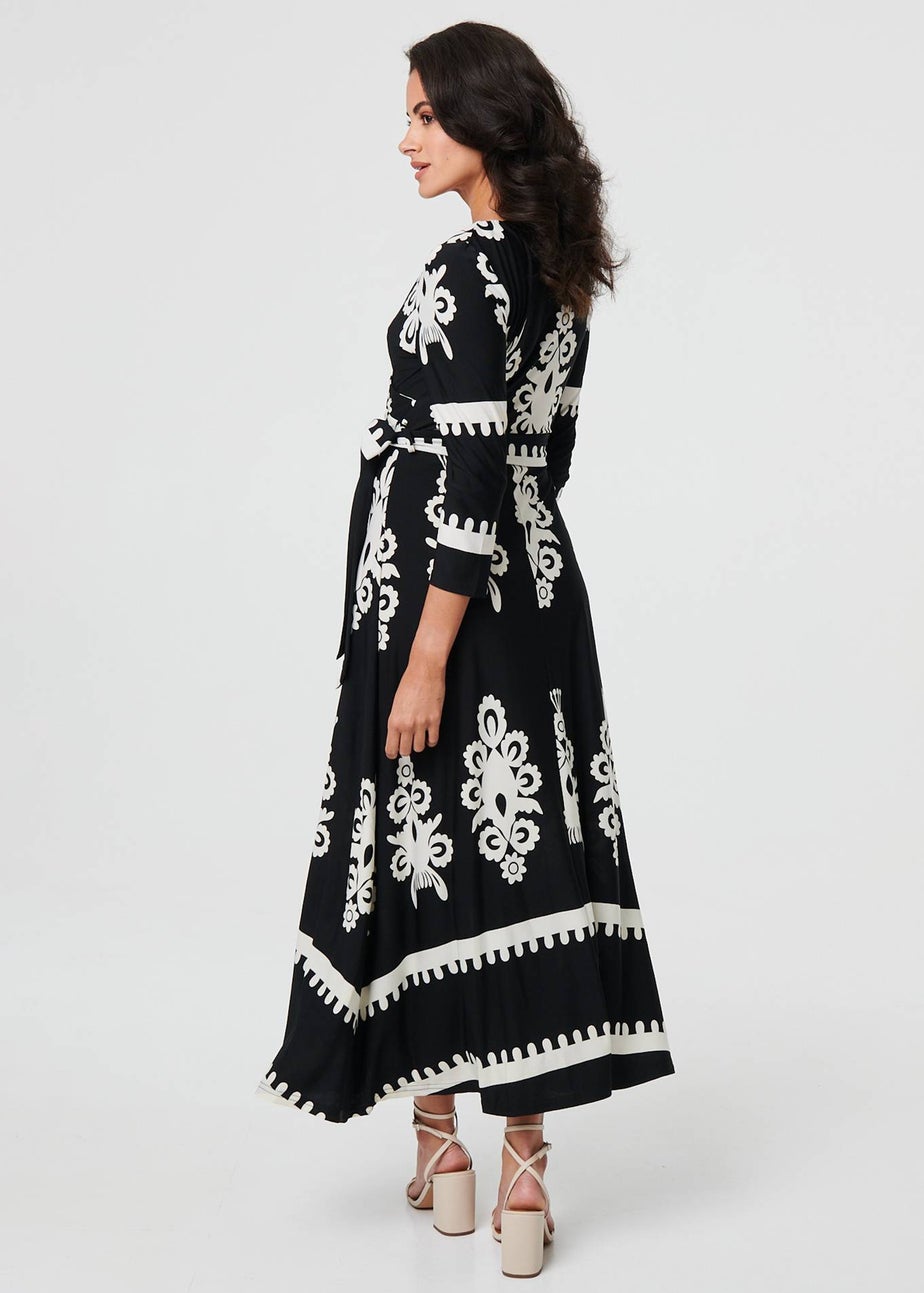 Izabel London Black Ikat Print 3/4 Sleeve Wrap Maxi Dress