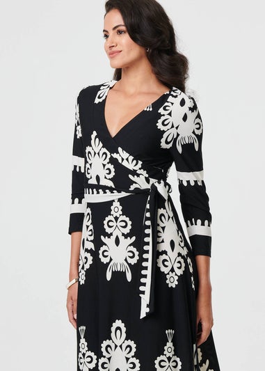 Izabel London Black Ikat Print 3/4 Sleeve Wrap Maxi Dress