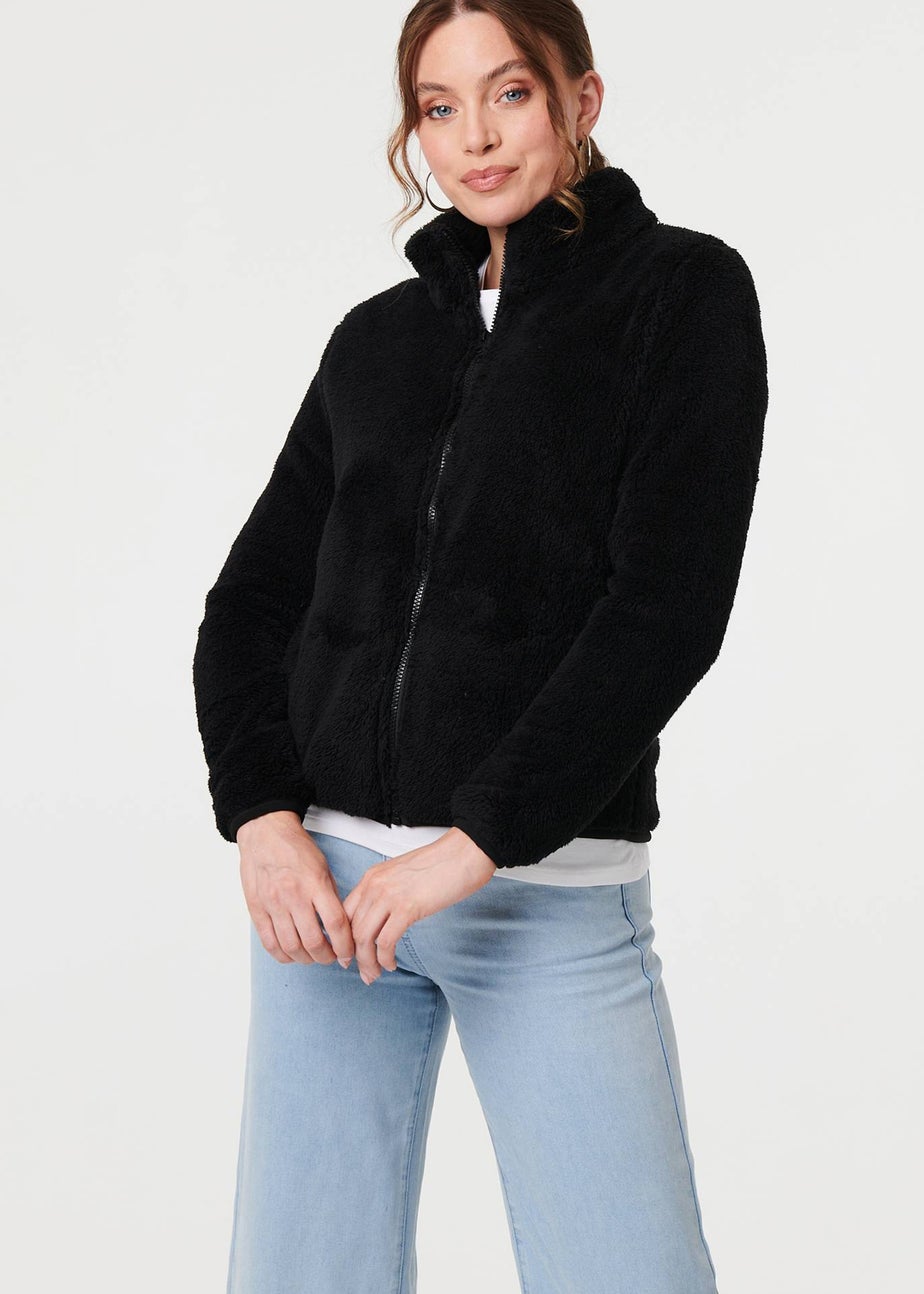 Izabel London Black Soft Texture Zip Front High Neck Fleece