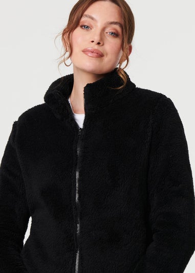 Izabel London Black Soft Texture Zip Front High Neck Fleece
