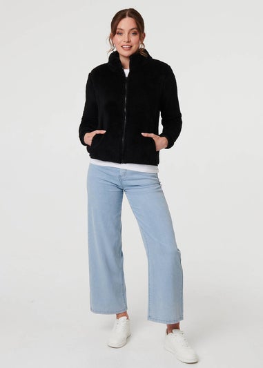 Izabel London Black Soft Texture Zip Front High Neck Fleece
