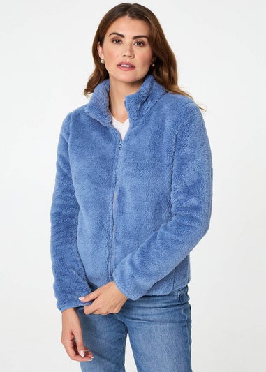 Izabel London Light Blue Soft Texture Zip Front High Neck Fleece