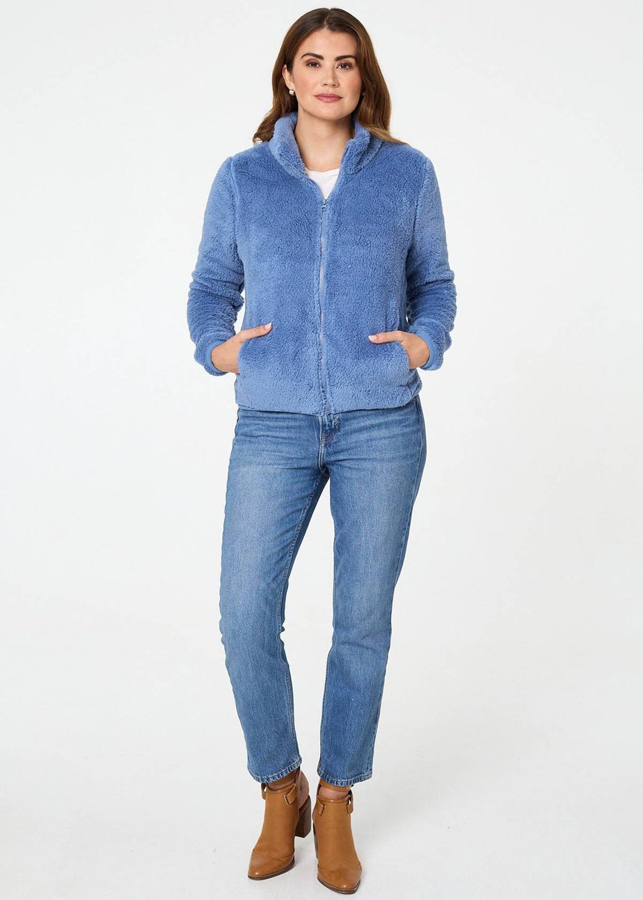 Izabel London Light Blue Soft Texture Zip Front High Neck Fleece