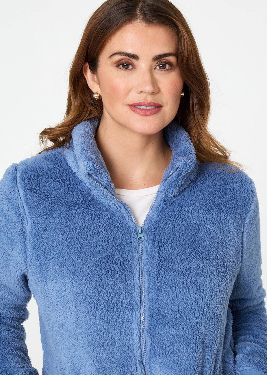 Izabel London Light Blue Soft Texture Zip Front High Neck Fleece
