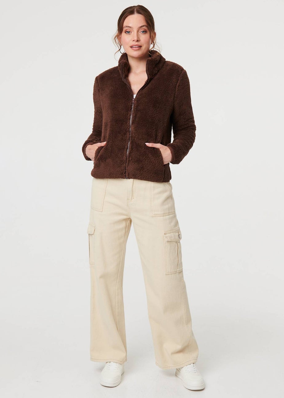 Izabel London Brown Soft Texture Zip Front High Neck Fleece