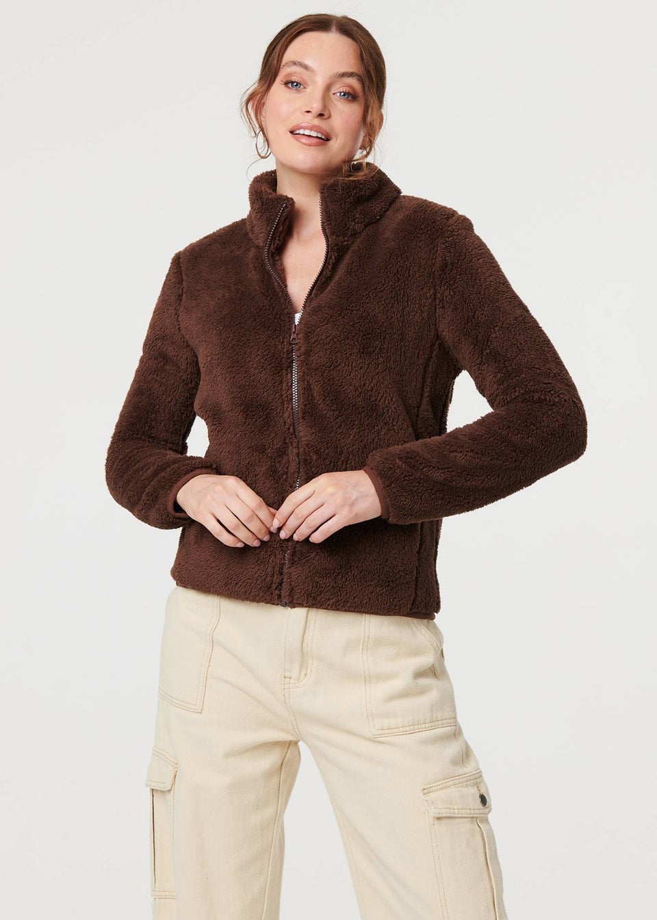 Izabel London Brown Soft Texture Zip Front High Neck Fleece