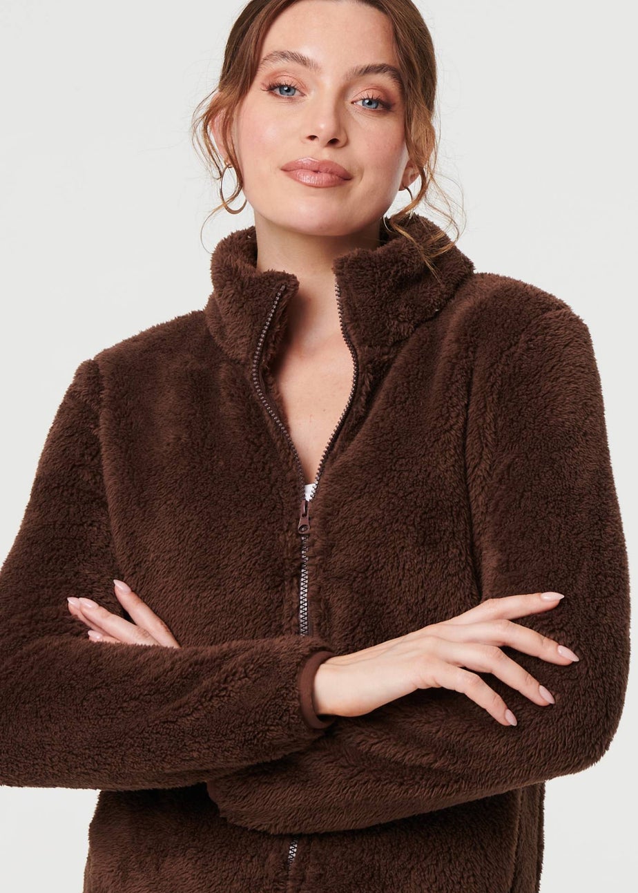 Izabel London Brown Soft Texture Zip Front High Neck Fleece