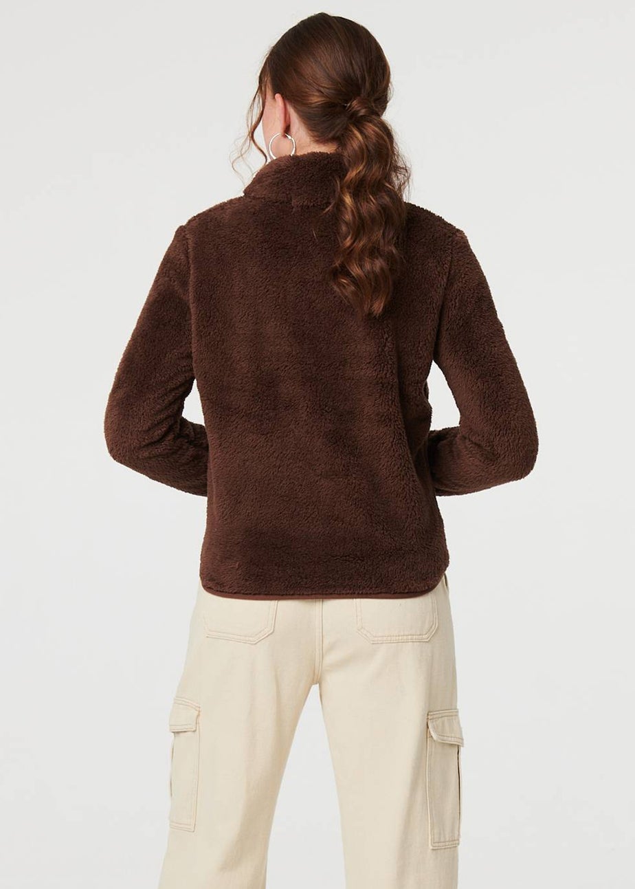Izabel London Brown Soft Texture Zip Front High Neck Fleece