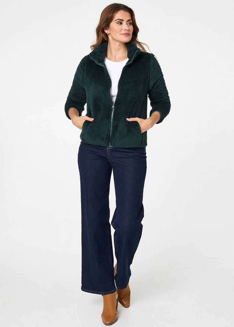 Izabel London Dark Green Soft Texture Zip Front High Neck Fleece