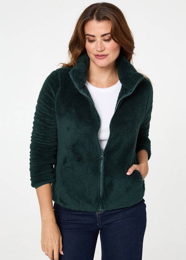 Izabel London Dark Green Soft Texture Zip Front High Neck Fleece