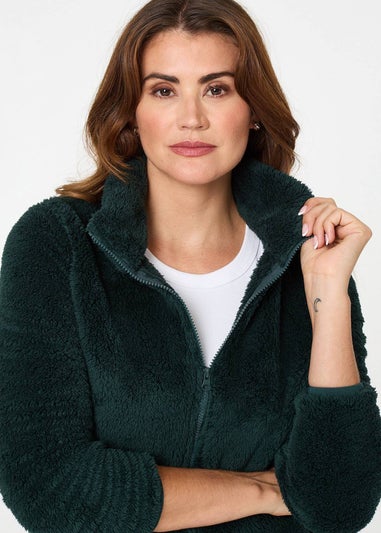 Izabel London Dark Green Soft Texture Zip Front High Neck Fleece