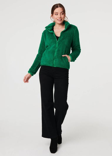 Izabel London Green Soft Texture Zip Front High Neck Fleece