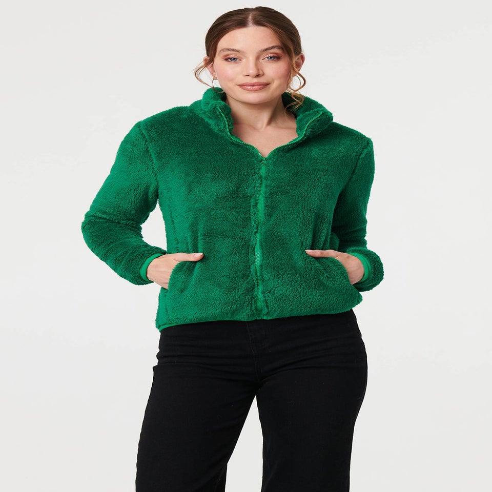 Izabel London Green Soft Texture Zip Front High Neck Fleece
